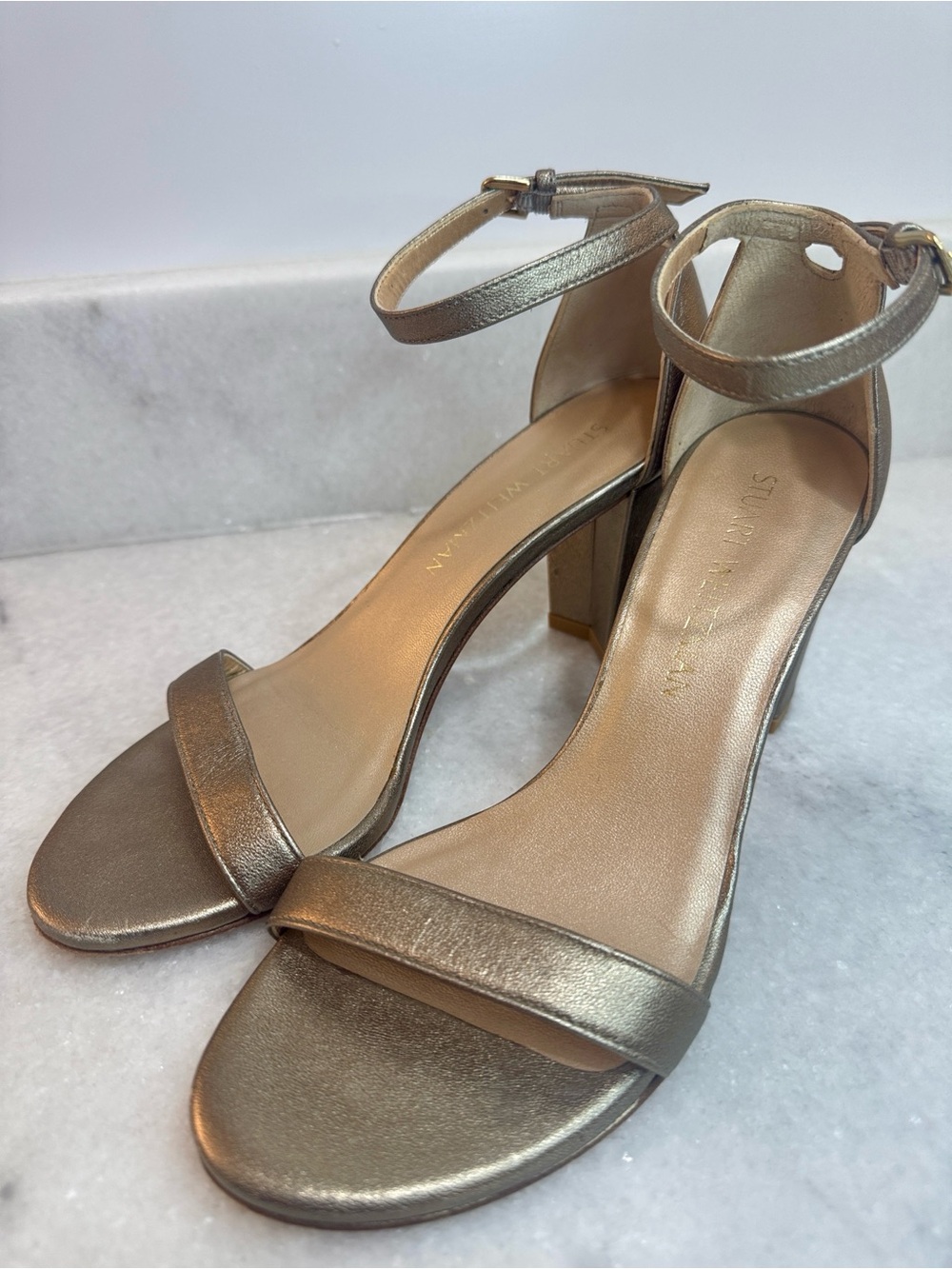 Stuart Weitzman Metallic Gold Leather Ankle Strap Stiletto Sandals